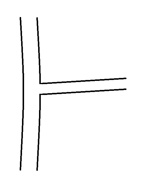 Schematisk bild av en ojämn treförgreningspunkt med sneda och oregelbundna vinklar.