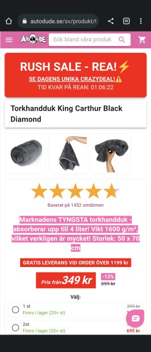 Skärmbild av webbutik som visar svart microfiberhandduk 'King Arthur Black Diamond' med beskrivning och priser.