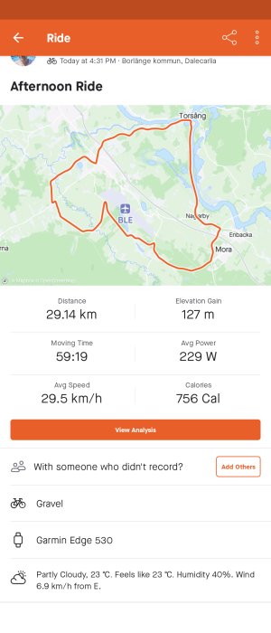 Cykeltur spårad på karta med statistik: 29.14 km distans, 127 m höjdvinst, och tid/detaljer.