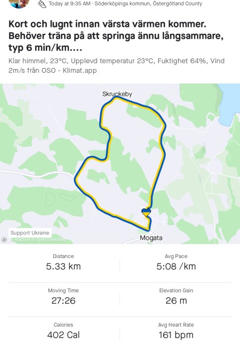 Skärmavbild av löprunda med karta och statistik inklusive distans på 5.33 km, tid och puls.