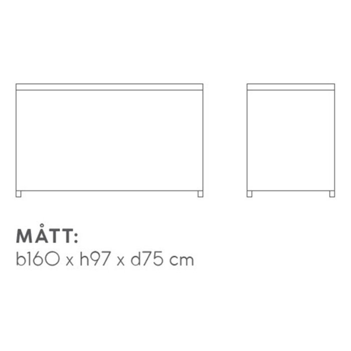 Schematisk ritning av svart Sunfun dynlåda i konstrotting visande yttermåtten 160x97x75 cm.