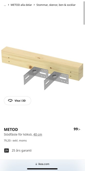 IKEA METOD stödfäste för köksö med tre förmonterade metallben för fästning i golv, visad på produktwebbsida.