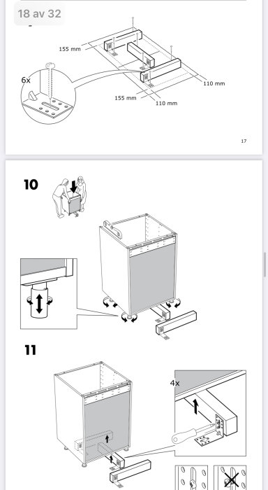 Illustrativa monteringsinstruktioner för köksskåpsfötter som ska fästas i golvet.