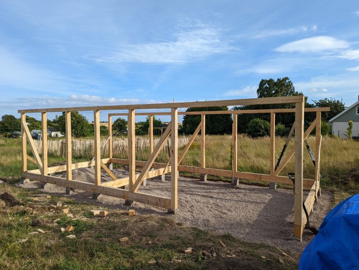 Trästomme till pågående byggprojekt med två färdiga långsidor och takås på grusunderlag.