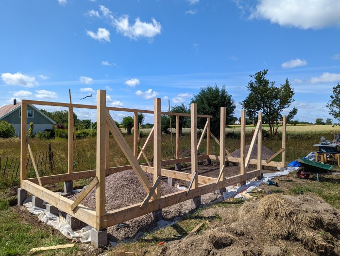 Grund och trästomme till ett hus under uppbyggnad i sommarlandskap, med grusdränering och takås på plats.