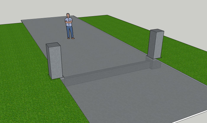 3D-visualisering av ett förslag till grindstolpfundament med dold betongbalk, person står bredvid.