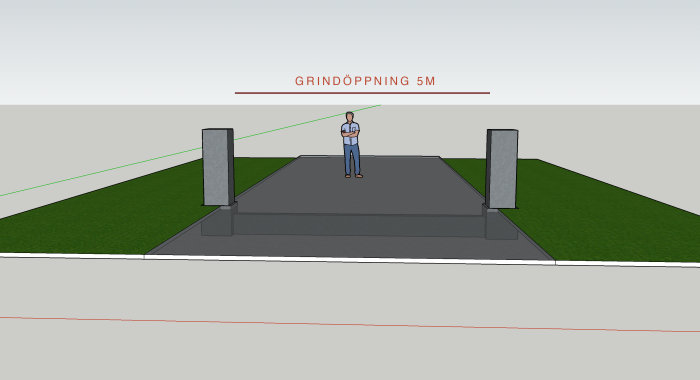 3D-modell av en grindöppning på 5 meter med robusta stolpar och en gömd betongbalk under marknivån.