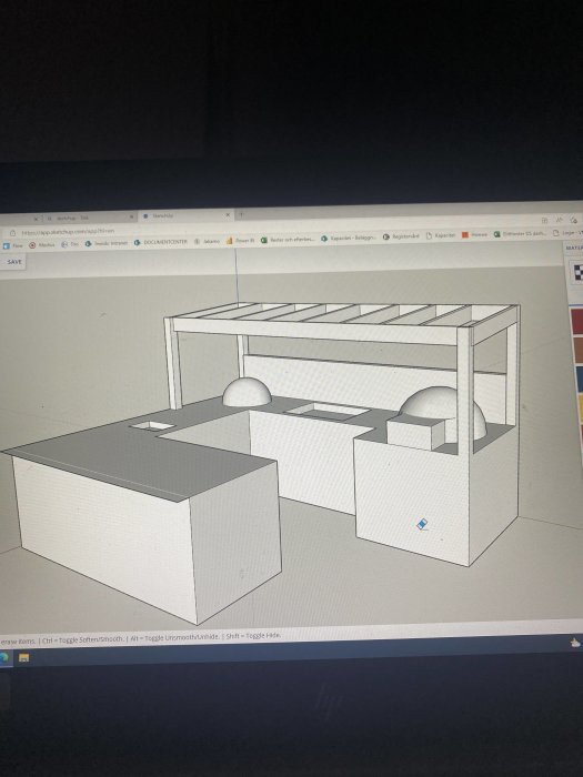 3D-modell av ett planerat utekök som visas på en datorskärm.