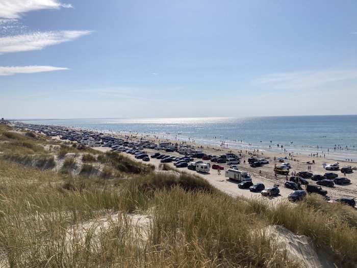 Utsikt över en fullsatt strandparkering, sanddyner i förgrunden och havet i bakgrunden.