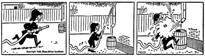 Svartvit seriestripp från 1960 där en karaktär råkar spruta vatten på sig själv istället för i en tunna.