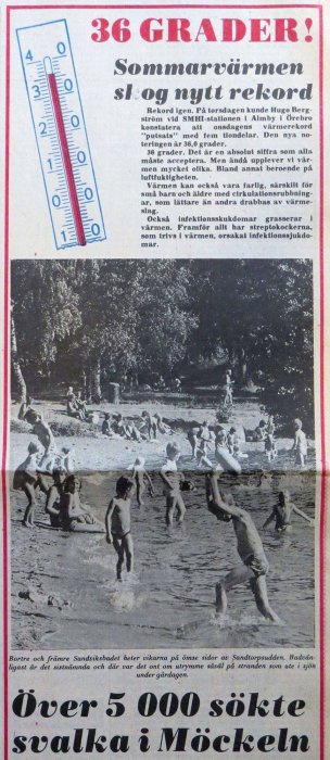 Termometer visar 36 grader och tidningsutklipp med rubriken "36 GRADER!", samt en svartvit bild av barn som leker i en sjö på sommaren.