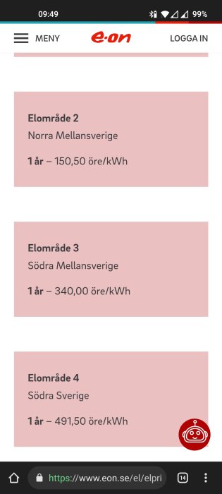 Skärmdump från E.ON:s webbplats som visar aktuella elpriser i olika regioner i Sverige.