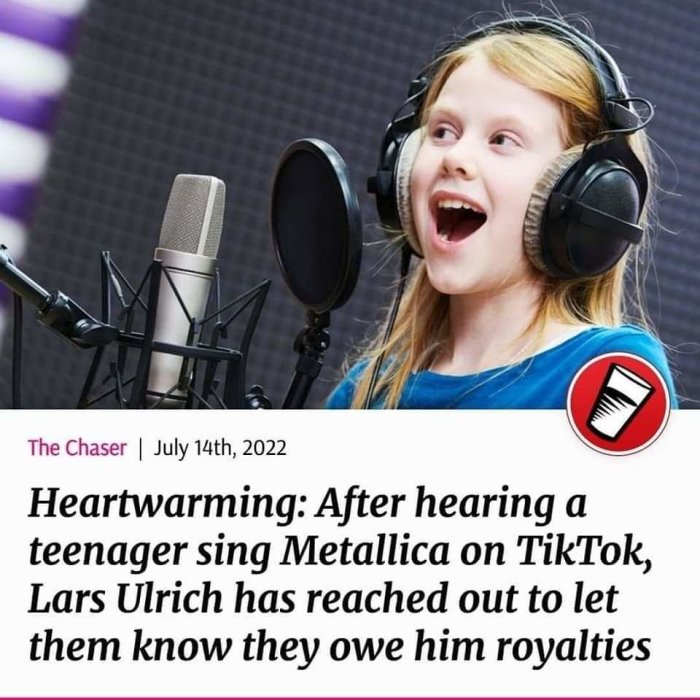 Ung flicka sjunger i studio med hörlurar och mikrofon, "The Chaser" artikel om Metallica och royalties.