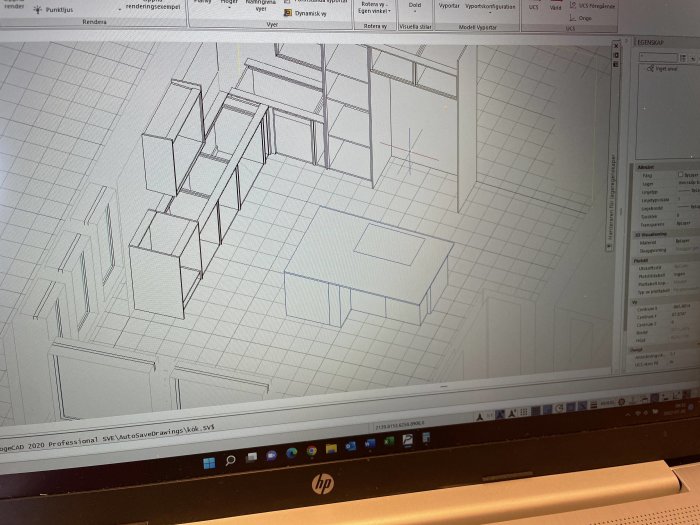 3D-CAD-ritning av ett köksbygge öppnat på en bärbar dators skärm.