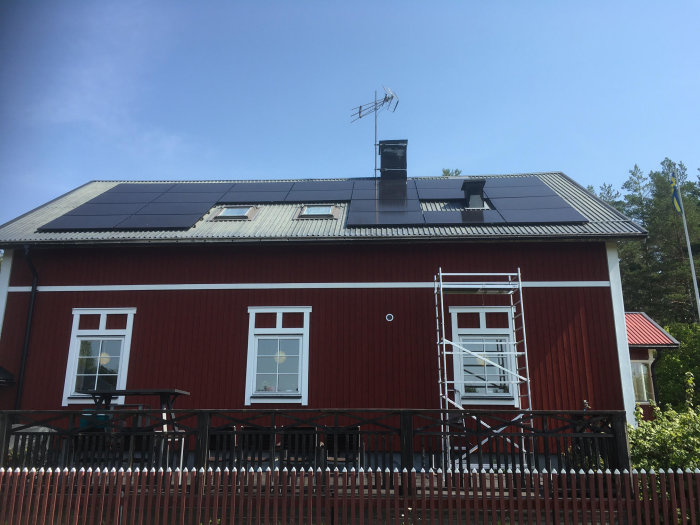 Rött hus med nyinstallerade solpaneler på taket, ställning framför huset, och en antenn.