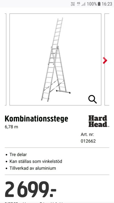 Kombinationsstege i aluminium, utdragen och stående, med texten "Kombinationsstege 6,78 m" och pris.