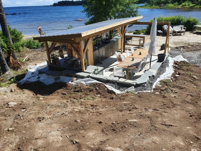 Nybyggd pergola med fast takduk vid strandkant, möbler under och person i bakgrunden.