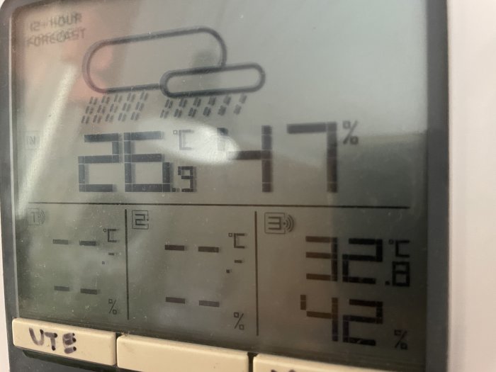 En digital utetermometer visar en temperatur på 33,2 grader Celsius.