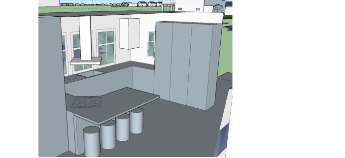 3D-design av ett hörnkök i burspråk med fönster på tre sidor och en köksö.