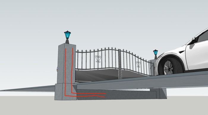 3D-modell av vit bil vid dekorerat smidesstaket med belysningsstolpe och markerad grundkonstruktion.