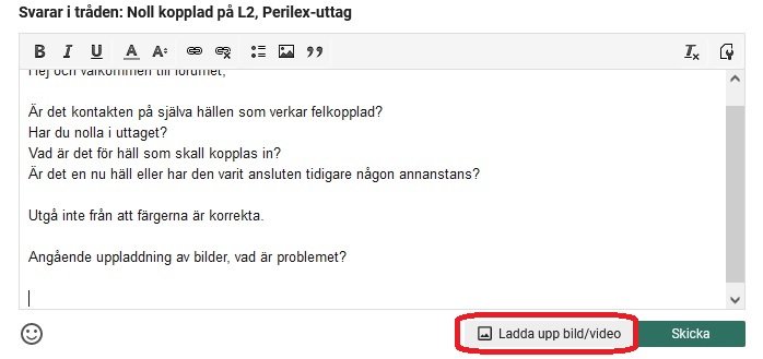 Skärmdump av ett foruminlägg med markerat fält för uppladdning av bild/video.
