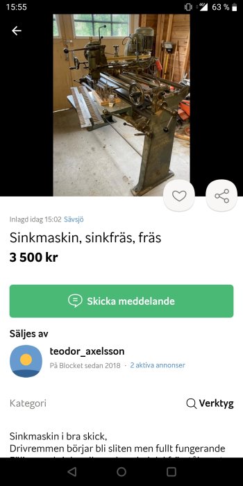 Begagnad sinkmaskin i arbetsmiljö med synliga spindlar och drivrem, till salu för 3500 kr.