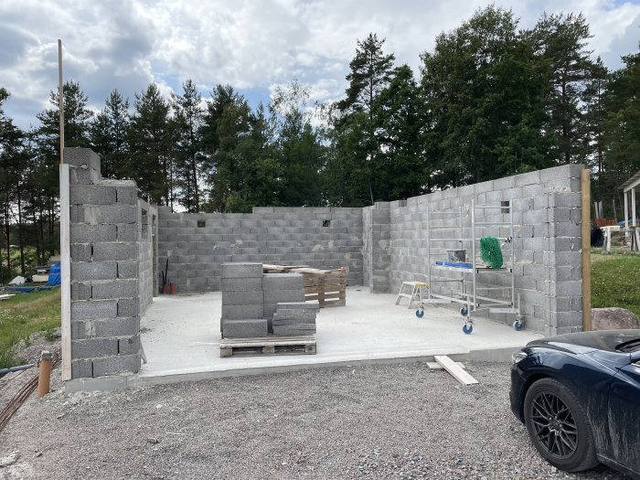 Byggplats för garage med halvfärdiga gråa blockväggar, betongbalkar och byggmaterial, under blå himmel.