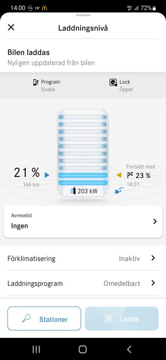 Skärmdump av en elbils laddningsstatus på en mobilapp med 21 % batterinivå och 166 km räckvidd.