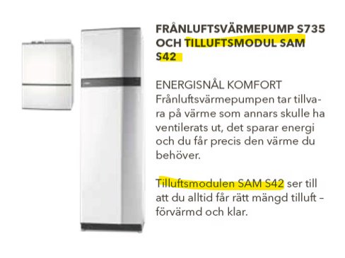 Frånluftsvärmepump S735 och tilluftsmodul SAM S42 med informationstext om energisnål komfort.