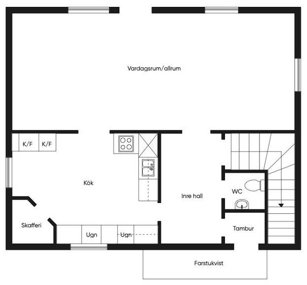 Ritning av husplan med kök, vardagsrum, tambur, trappa och WC tydligt markerade.