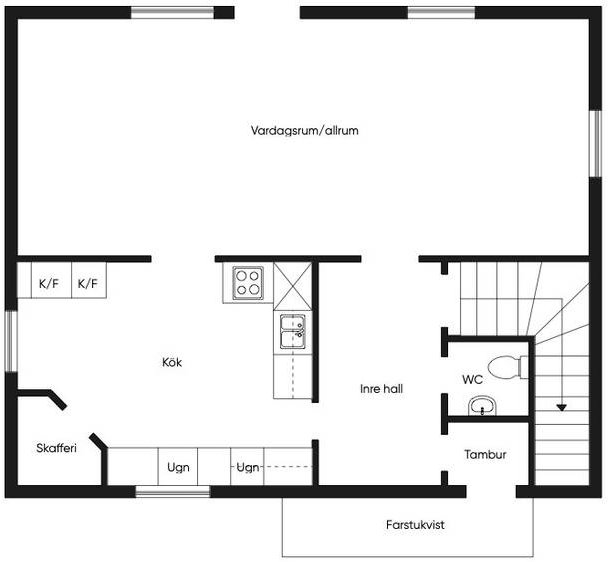 Ritning av en husplan med kök, vardagsrum, tambur och WC som visar trappens placering i tamburen.