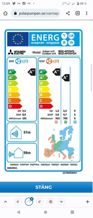 Energimärkningsetikett för Mitsubishi Electric värmepump med SEER och SCOP betyg, bullernivåer och en Europakarta.