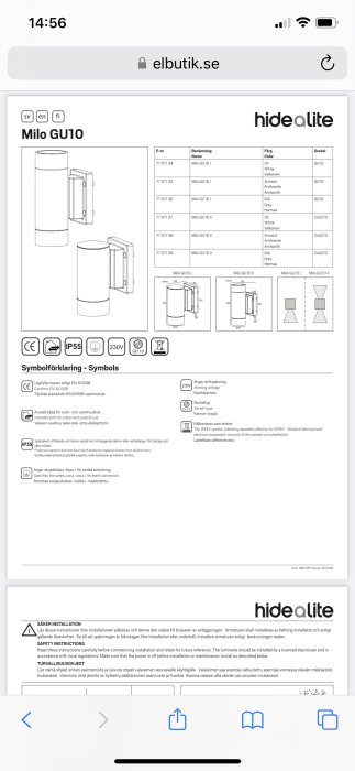Skärmdump av en produktinformationssida för Milo GU10-lampor från elbutik.se med tekniska ritningar och symboler.