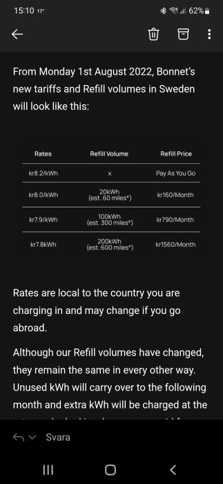 Skärmavbild av elbilsladdningstariffer i Sverige med pris per kWh och månatliga abonnemang.