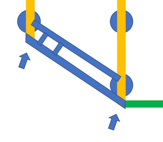 3D-illustration av ett tänkt byggstöd med blå lutande balk, gula stolpar och grönt underlag.