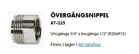 Övergångsnippel biltema 87-225 för anslutning av diskmaskin, metallfärgad med utvändig och invändig gänga.