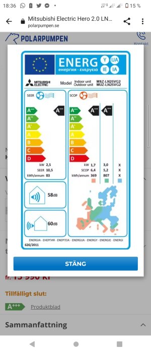 EU:s energimärkningsskala för Mitsubishi Electric värmepump, visar SEER och SCOP värden samt ljudnivåer.