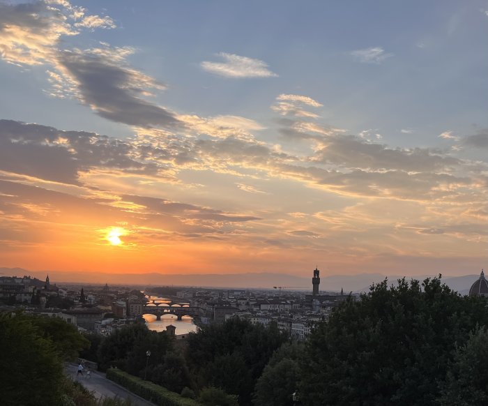 Solnedgång över stadslandskap med broar och historiska byggnader mot en dramatisk himmel.