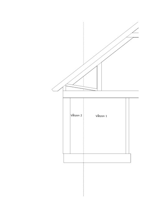 Teknisk ritning av en trästomme för ett byggprojekt med markerade väggzoner.