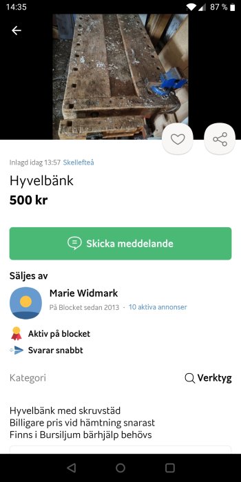 Använd hyvelbänk med skruvstäd och synliga bruksspår till salu för 500 kr.