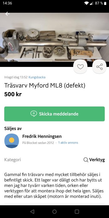 Defekt Myford ML8 trävarv med tillbehör omonterat på arbetsbänk.