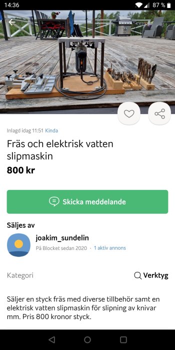 Elektrisk fräs och vattenslipmaskin med tillbehör på träterrass, till salu.