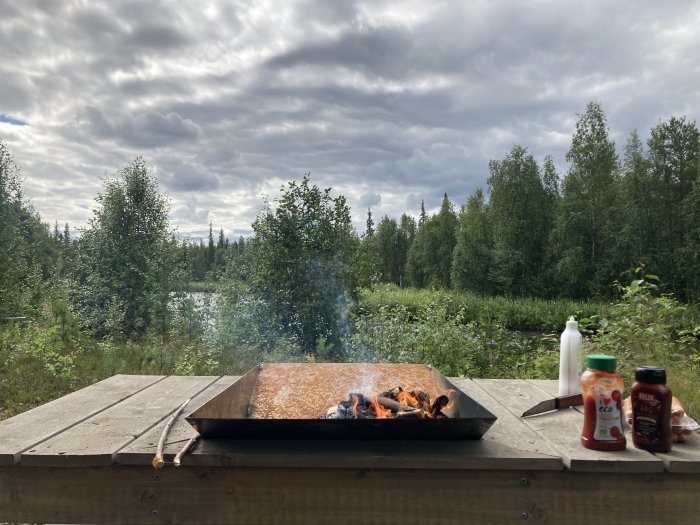 Utomhusgrillning på en träbänk framför skog och sjö med molnig himmel.