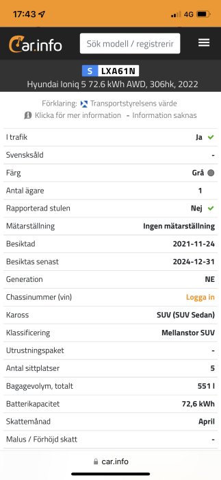 Skärmdump från Car.info visar information om Hyundai Ioniq 5, en mellanstor SUV, med specifikationer.