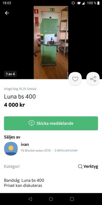 Luna bs 400 bandsåg till salu, grönt stående verktyg, placerad i ett verkstadsrum.