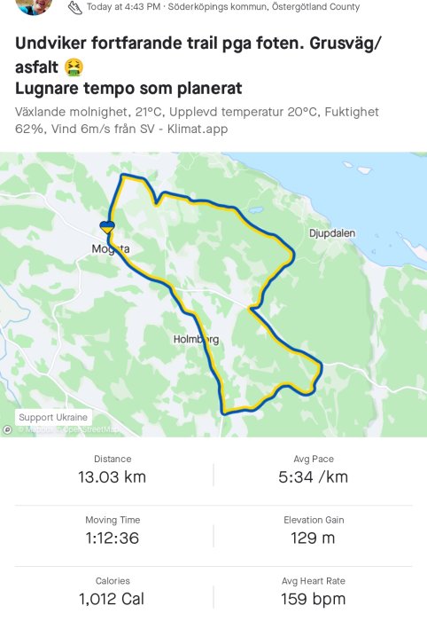 Skärmklipp av löprunda med statistik och karta som visar rutten, markeringar för avstånd, tid, kaloriförbrukning och puls.