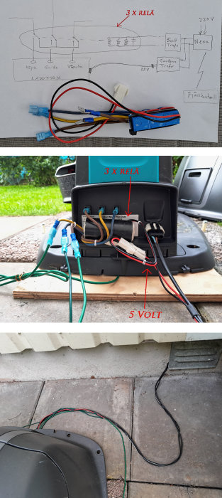 Ett handritat elektriskt kopplingsschema ovanför en öppen robotgräsklippare med markerade reläer och en tråd som leder ut.