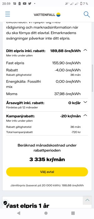 Skärmdump av elavtal från Vattenfall visar elpris, rabatter och beräknad månadskostnad.