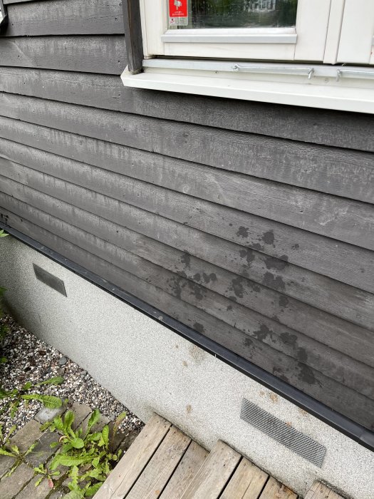 Mörka fläckar på träfasad vid ett fönster och grundmur samt en del av en trätrall.