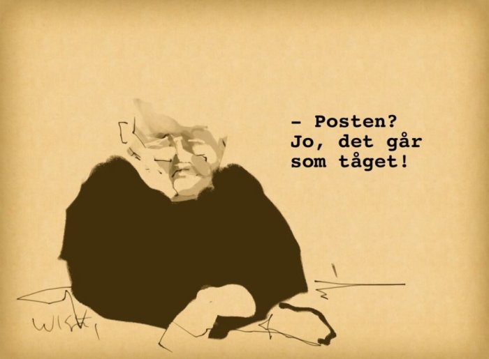Illustration av en person som lutar sig framåt med texten "Posten? Jo, det går som tåget!".